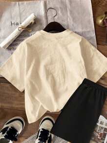 2pcs/Set Tween Girls' Casual Chic Leopard Print & Letter Graphic Crew Neck Short Sleeve T-Shirt And Shorts Set, Spring/Summer New Arrivals - Multicolor - View 2