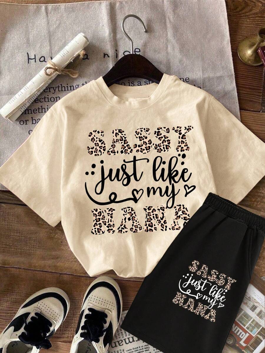 2pcs/Set Tween Girls' Casual Chic Leopard Print & Letter Graphic Crew Neck Short Sleeve T-Shirt And Shorts Set, Spring/Summer New Arrivals - Multicolor - View 1