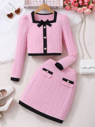 Girls Elegant Square Collar Princess Style Long Sleeve Top And Skirt Set, Spring/Autumn