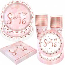 Rose Gold Sweet 16th Birthday Party Plates And Napkins Sixteenth Birthday Party Decorations 16th Birthday Party Disposable Tableware Set Serves 10 Guests Ladies Birthday Party Supplies - 20241125-fM-rose Gold 16-year-old Tableware - View 1