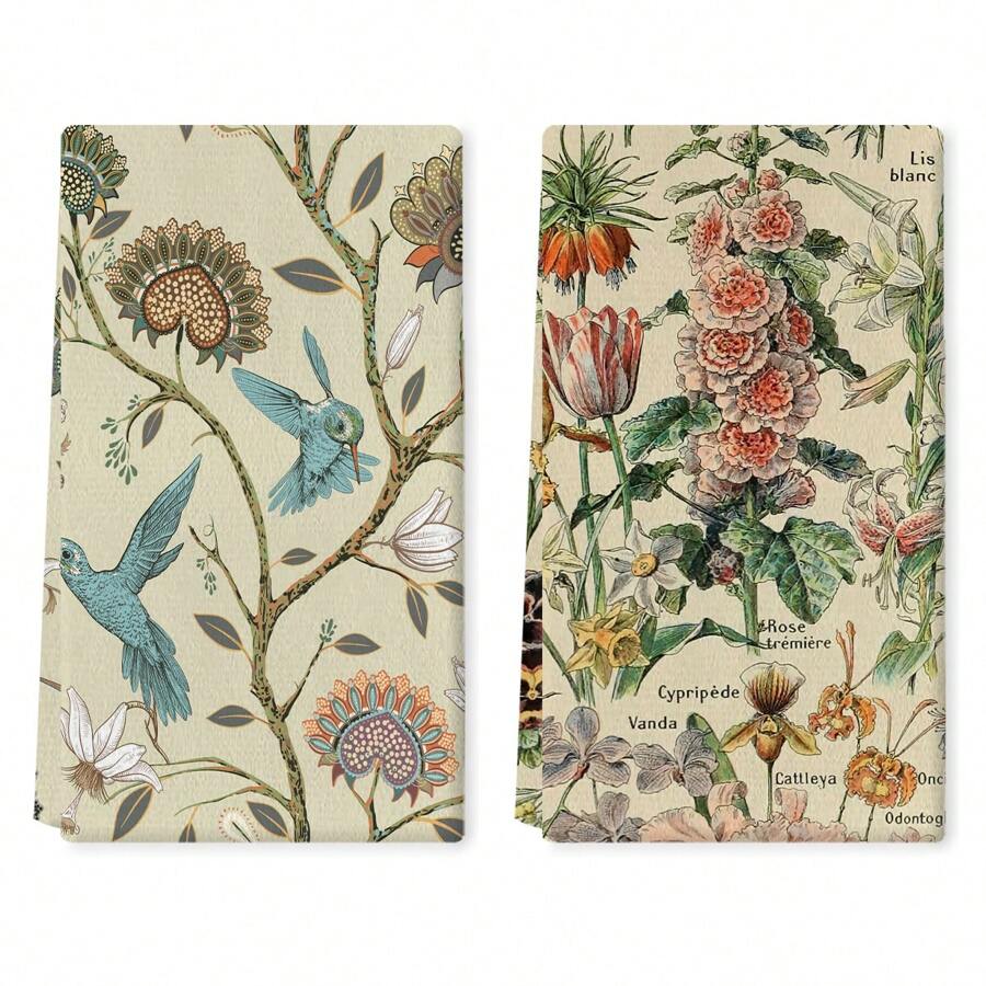 Set de 2 paños de cocina con diseño floral de jardín vintage, toallas de cocina retro muy absorbentes con patrones florales para colgar en el hogar y el comedor - Multicolor - Ver 1