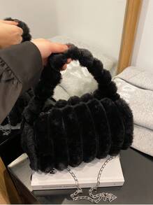 柔软毛绒人造毛皮女士手提包，可手提或肩背，链条设计，毛茸茸的枕头水桶包，轻便适合度假、购物和日常使用，秋冬季