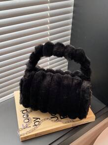 柔软毛绒人造毛皮女士手提包，可手提或肩背，链条设计，毛茸茸的枕头水桶包，轻便适合度假、购物和日常使用，秋冬季