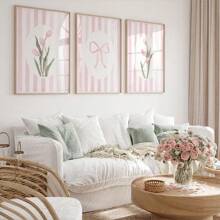 3 套无框波西米亚植物粉色蝴蝶结郁金香花卉时尚艺术海报美学学院风少女房间多巴胺装饰时髦绘画帆布印刷简约墙壁画适用于宿舍、公寓、卧室、客厅、现代家居装饰