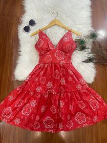 Belala Moda New Dress With Adjustable String Tied At The Back And With Print Ice Cream Harvesting Material - Đỏ và trắng - Xem 3