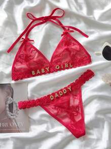 1 Set Of Customized Women's Sexy Lingerie Three-Point European And American Style Lingerie, Low Waist Sexy See Through Lace Set, Exclusive Custom Valentine's Day Gift Sequine Colorful Custom,Personalized,Unique,Customized Personalized Gifts For Men/Women,Lingerie,Panties,Underwear,Thongs Ideal Gifts For Her Girlfriend Living Room,Bedroom,For Anniversaries,For Birthdays,For Holiday - Red - View 3