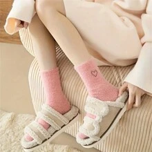 5 paquetes de calcetines de mujer con bordado de corazón, calcetines cómodos, esponjosos y gruesos hasta el tobillo, de poliéster, de moda para otoño/invierno, lavado a mano o limpieza en seco, tejido de punto, calcetines tobilleros para damas