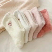 5 paquetes de calcetines de mujer con bordado de corazón, calcetines cómodos, esponjosos y gruesos hasta el tobillo, de poliéster, de moda para otoño/invierno, lavado a mano o limpieza en seco, tejido de punto, calcetines tobilleros para damas