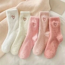 5 paquetes de calcetines de mujer con bordado de corazón, calcetines cómodos, esponjosos y gruesos hasta el tobillo, de poliéster, de moda para otoño/invierno, lavado a mano o limpieza en seco, tejido de punto, calcetines tobilleros para damas