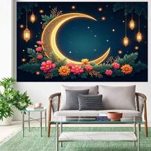 1pc Mubarak Light Elegant Ramadan Happy Crescent And Lantern Background Banner, Multi-Color, Ideal For Eid Al-Fitr, Home And Outdoor Decoration Multi-Functional Polyester Photographic Background Festival Celebrations, Islamic Holy Month, Lantern, Star Photography Background