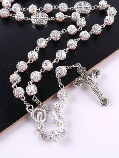 GO2CJBEADS 1 szt. Vintage Classic Multicolor Catholic 55 szt. 8 mm koraliki z kryształkami naszyjnik krzyż, Unisex spersonalizowana ręcznie robiona biżuteria z koralików modlitewnych na prezent