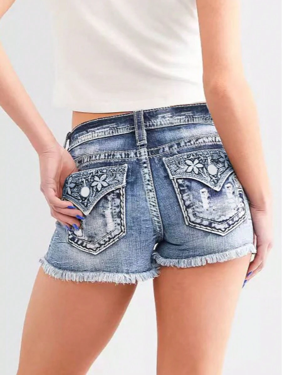 Women's Casual Button Front Pocket Denim Shorts, Everyday Wear - Blue and White - View 1