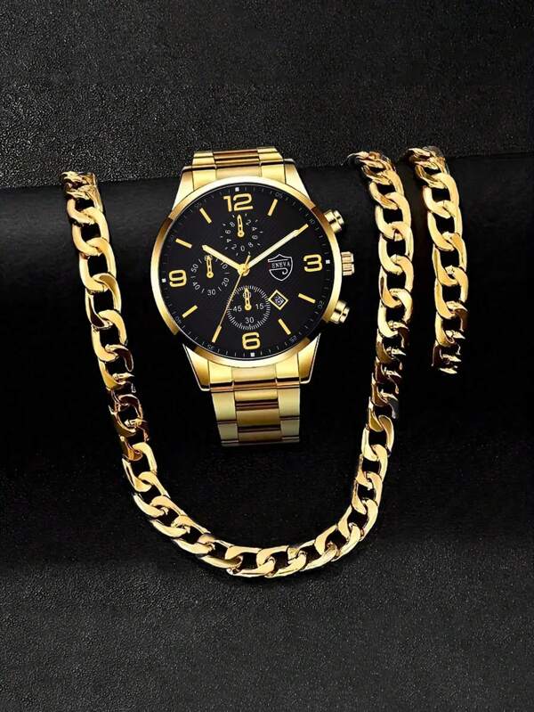 3 stuks/set, jongens casual sport roestvrij staal quartz horloge en armband & ketting set