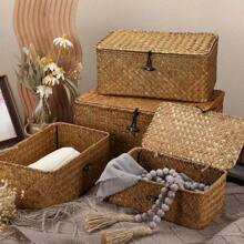 Natural Seaweed Handwoven Storage Box With Cover, Antique Basket, Bathroom Cosmetic Storage Box, Gift Box, Underwear & Toy Storage For Kitchen, Bathroom, Bedroom, Office, Christmas & New Year Gift Basket - Yellow - View 1