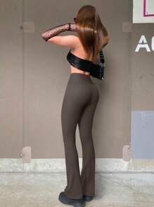 OQQ Women's 2 Piece Yoga Pants Ribbed Seamless Workout High Waist Bell Bottoms Flare Leggings - 黑茶,茶葉 - 查看 5