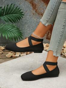 大码女式复古玛丽珍鞋，黑色低帮方头踝带平底鞋，时尚复古风格，舒适软底芭蕾平底鞋，适合日常穿着，春秋季节 - 黑色 - 查看 6