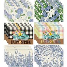 Decoração de mesa de primavera com borboleta de hortênsia aquarela, jogo americano de mesa com flor de caminhão xadrez de búfalo azul-claro, preto e branco, jogo americano chinês de primavera com ervas e flores silvestres azuis, conjunto de 4 peças, jogo americano de mesa de primavera vintage, perfeito para decoração de refeições de cozinha de festa - multicolorido - Ver 9