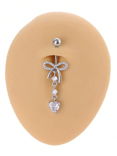 1pc Stainless Steel Bow Rhinestone Navel Piercing, Fashionable Belly Button Ring Suitable For Women As Daily Wear And Valentine's Gift Valentines