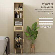 HOMCOM Meuble salle de bain, colonne rangement salle de bain, avec portes en rotin, étagère ouverte, tiroir, 2 placards, 32 x 30 x 170 cm, effet bois de chêne - Kaki - Voir 8