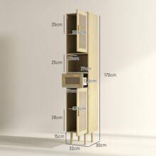 HOMCOM Meuble salle de bain, colonne rangement salle de bain, avec portes en rotin, étagère ouverte, tiroir, 2 placards, 32 x 30 x 170 cm, effet bois de chêne - Kaki - Voir 6
