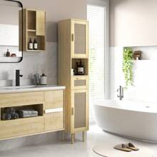 HOMCOM Meuble salle de bain, colonne rangement salle de bain, avec portes en rotin, étagère ouverte, tiroir, 2 placards, 32 x 30 x 170 cm, effet bois de chêne - Kaki - Voir 3