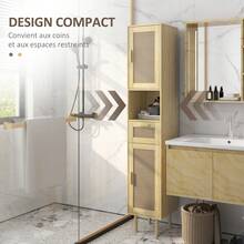HOMCOM Meuble salle de bain, colonne rangement salle de bain, avec portes en rotin, étagère ouverte, tiroir, 2 placards, 32 x 30 x 170 cm, effet bois de chêne - Kaki - Voir 5