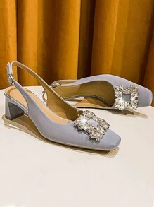 Women's Elegant Satin Rhinestone Buckle Decor Slingback Square Toe Chunky Heels, Graceful & Luxurious, Suitable For Spring/Summer, Occasions, Dates, In Black, Khaki, Green, Brown, Gray