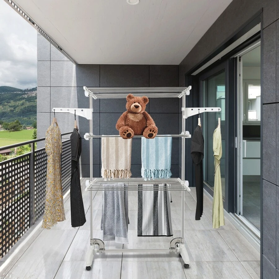 Waschmaschine mit Klappbeinen, Dreischichttrockner mit Seitenflügeln, Innentrocknung 82 x 64 x 142 cm, großer Platz zum Aufhängen von Kleidung, Bettwäsche, Socken, Schals, Schuhe, leicht zu bewegen