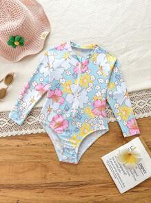 Young Girl Floral Print Round Neck Zip-Up Half Placket Long Sleeve Unitard Swimsuit - Baby Blue - View 1