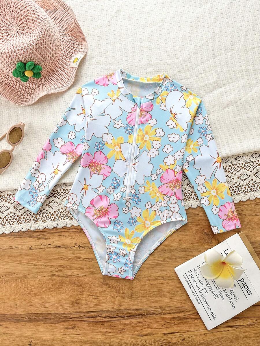 Young Girl Floral Print Round Neck Zip-Up Half Placket Long Sleeve Unitard Swimsuit - Baby Blue - View 1