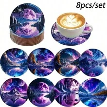 8 件/套日落海景、向日葵、复古汽车、星空、字母设计水钻彩绘杯垫、带支架的闪光钻石耐热饮料垫、适合初学者和成人的 DIY 杯垫工艺品、钻石艺术礼物 - 彩色 - 查看 6