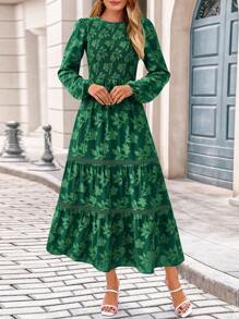 Women Fall Long Sleeve Dress ForElegant Modest Floral Boho Smocked Flowy Wedding Guest Midi Dresses - Dark Green - View 4