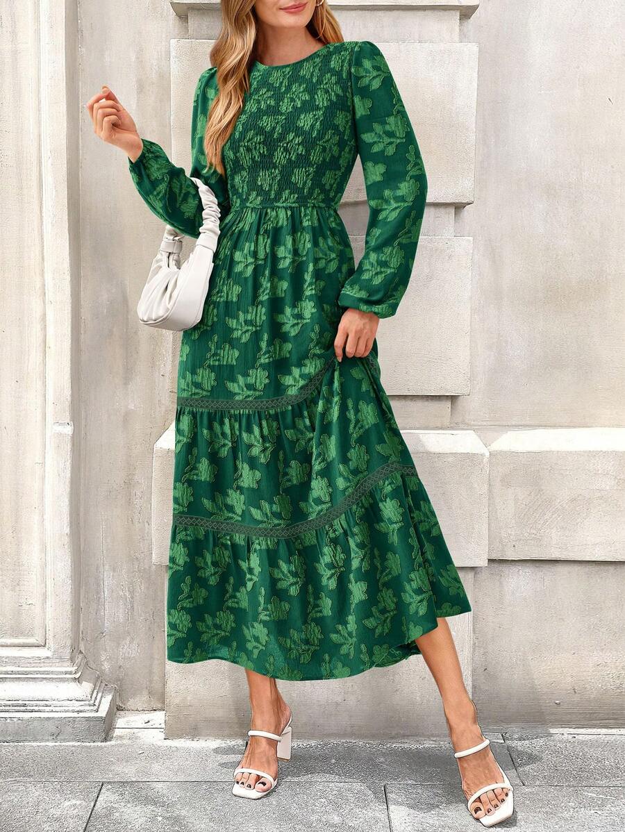 Women Fall Long Sleeve Dress ForElegant Modest Floral Boho Smocked Flowy Wedding Guest Midi Dresses - Dark Green - View 1