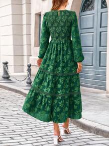 Women Fall Long Sleeve Dress ForElegant Modest Floral Boho Smocked Flowy Wedding Guest Midi Dresses - Dark Green - View 3