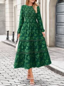 Women Fall Long Sleeve Dress ForElegant Modest Floral Boho Smocked Flowy Wedding Guest Midi Dresses - Dark Green - View 5