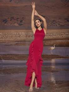 女士纯色圆领无袖不对称荷叶边下摆晚礼服，优雅正式舞会礼服，适合婚礼嘉宾、毕业典礼、晚宴 - 紅色 - 查看 3