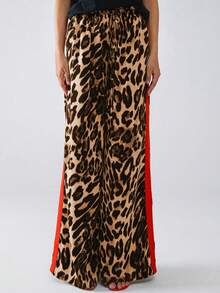 Women Leopard Print Color Block Loose Casual Long Pants, Everyday Wear - Yellow - View 5
