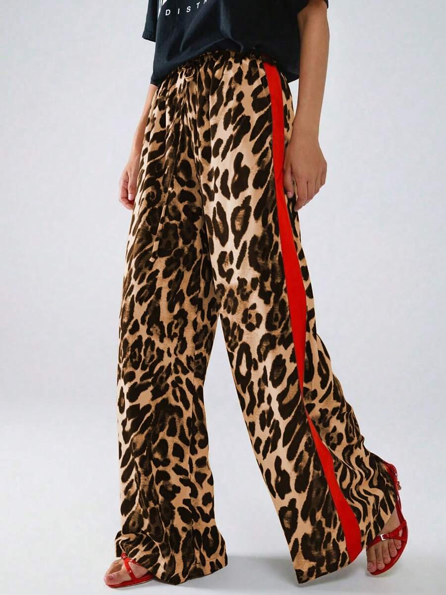 Women Leopard Print Color Block Loose Casual Long Pants, Everyday Wear - Yellow - View 1