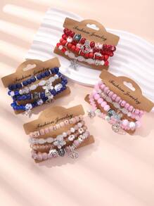 4 件套波西米亚风格蝴蝶水晶多层珠时尚手链，适合女孩 - 均碼 - 查看 1