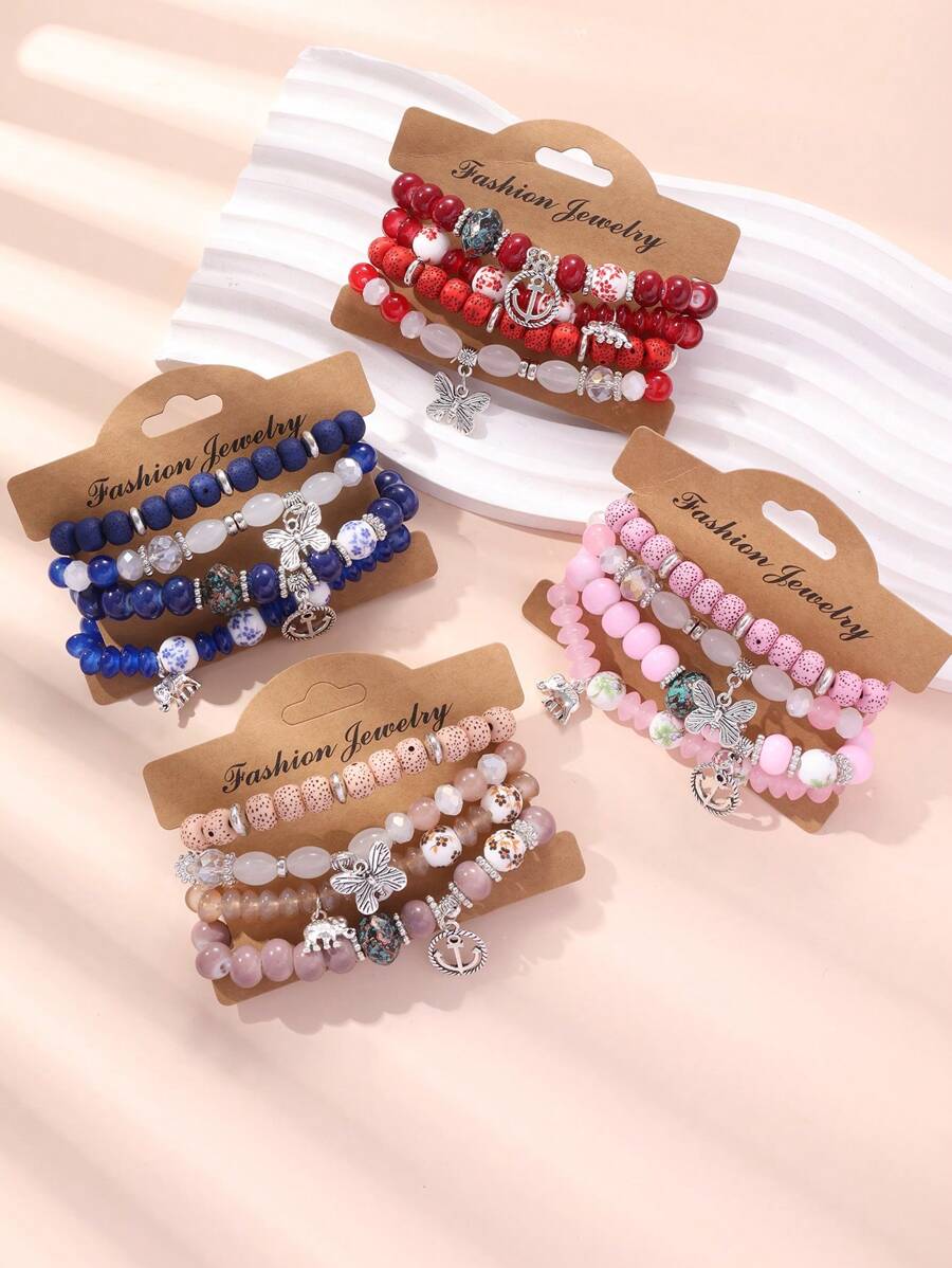 4 件套波西米亚风格蝴蝶水晶多层珠时尚手链，适合女孩 - 均碼 - 查看 1