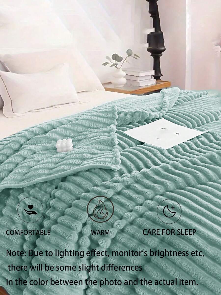 1pc Soft & Cozy Striped Fleece Blanket, Light Blue, Skin-Friendly, Suitable For Bedroom & Guest Room, Machine Washable, All Season - Baby Blue - View 1