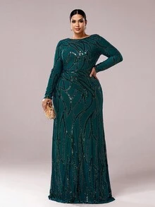 seomiscky 女士加大码长袖亮片装饰紧身连衣裙、晚礼服、派对礼服、婚礼宾客礼服、正式礼服 - 綠色 - 查看 8