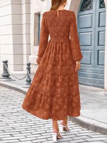 Ladies Spring MIDI Elegant Floral Long Sleeve Ruffled Bohemian Style Wedding New Year's Party Long Flowing Dress - Brick red - View 3