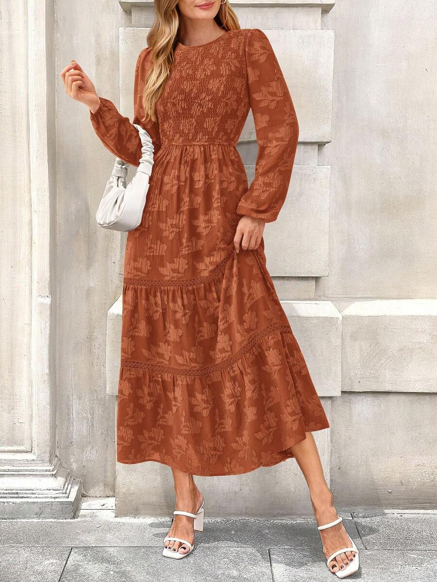 Ladies Spring MIDI Elegant Floral Long Sleeve Ruffled Bohemian Style Wedding New Year's Party Long Flowing Dress - Brick red - View 1