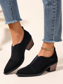 Retro British Style Slip-On Plus Size Black High Heel Pumps, Elastic Design, Pointed Toe Chunky Heel, Versatile For Spring Autumn,Elegant,Loafers - Black - View 7