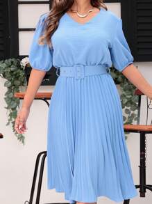 Women's Midi Dress With Belt Pleated With Sleeves - 淺藍色 - 查看 2