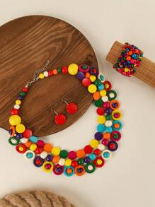 Exaggerated Multi-Layer Pendant Handmade Beaded Necklace, Earrings, Bracelet Set - European, African, Bohemian, Retro, Wooden Bead, Festival, Holiday Style - Multicolor - View 15