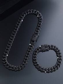 2pcs Black Cuban Chains Necklace And Bracelet Set,Men's Chain Choker Necklace Hip Hop Jewelry Set,Fashion Rapper's Jewelry ,Perfect Gift For Boyfriend,Son And Dad