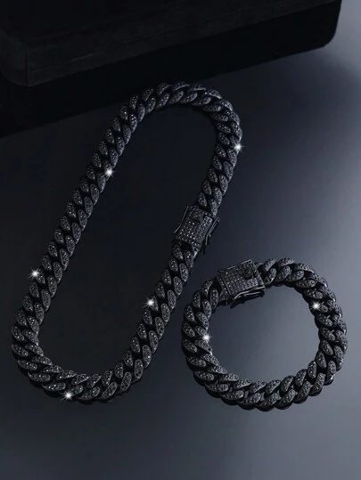 2pcs Black Cuban Link Chain Necklace And Bracelet Set, Men's Chain Necklace Hip Hop Jewelry Set, Fashion Rapper Jewelry, Perfect Gift For Boyfriend, Son And Dad