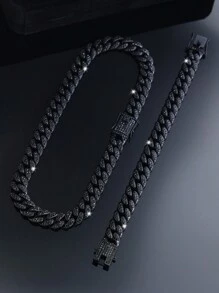 2pcs Black Cuban Chains Necklace And Bracelet Set,Men's Chain Choker Necklace Hip Hop Jewelry Set,Fashion Rapper's Jewelry ,Perfect Gift For Boyfriend,Son And Dad